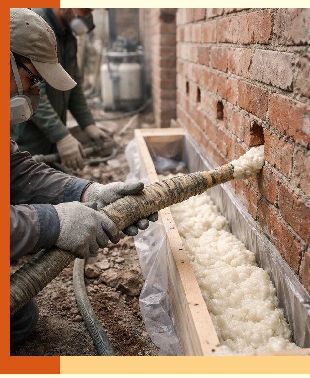 Заливка ППУ в пустоты кирпичной стены в Искитиме