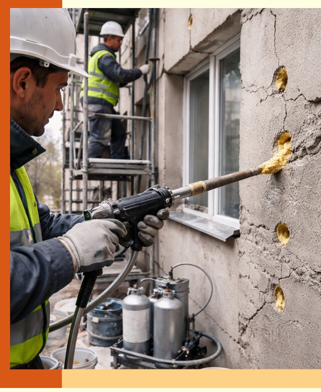 Заполнение пустот в фасаде и утепление стен в Искитиме